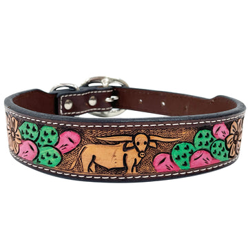 BAR H EQUINE Cactus Hand Painted And Carved Western Leather Dog Collar Brown